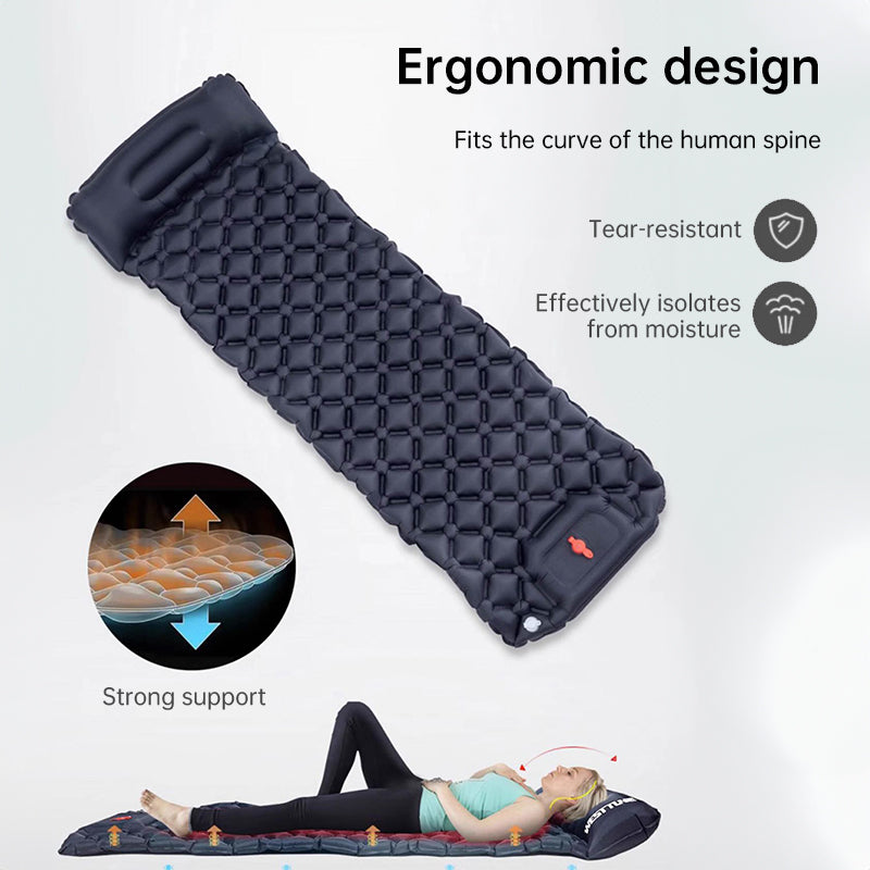 Outdoor double inflatable sleeping pad – with built-in pillow &amp; pump, for camping, backpacking, hiking.