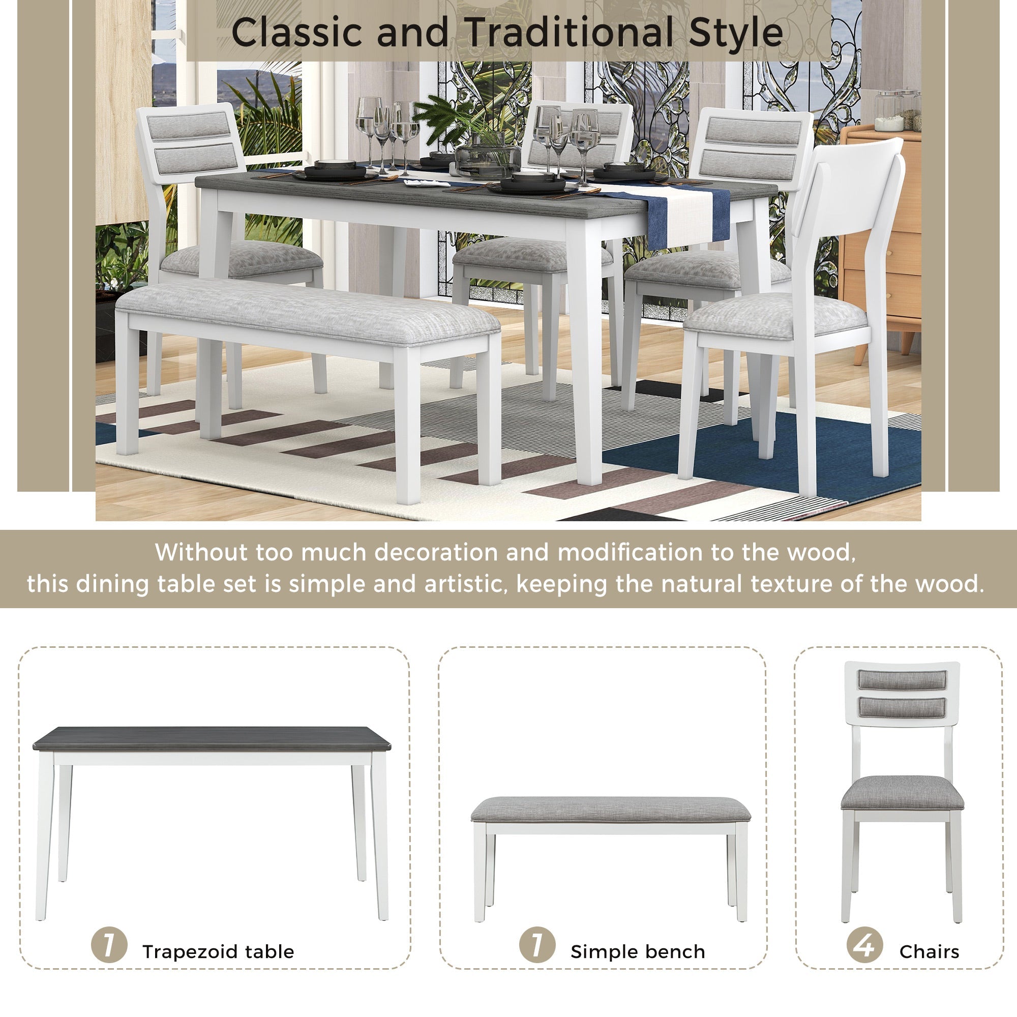 TREXM Classic and Traditional Style 6 - Piece Dining Set, Includes Dining Table  4 Upholstered Chairs &amp; Bench (White+Gray)