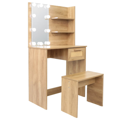 Vanity Desk Set Stool &amp; Dressing Table with LED Lighting Mirror Drawer and Wood Cosmetic Table Chest of Drawers Nature Color
