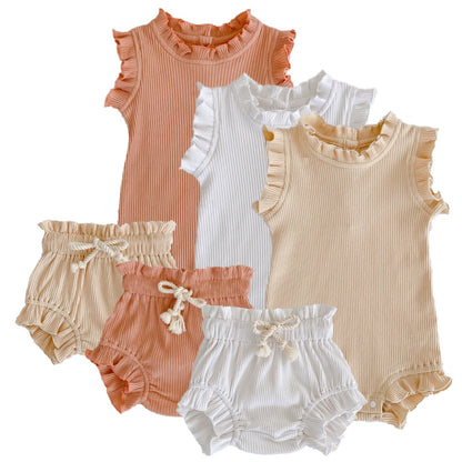 Baby Pit Thread Crawling Clothes Spring/Summer Wooden Ear Edge Girls&
