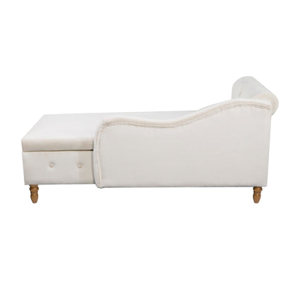 Beige Chaise Lounge Indoor Velvet Lounge Chair for Bedroom with Storage &amp; Pillow Modern Upholstered Rolled Arm Chase Lounge