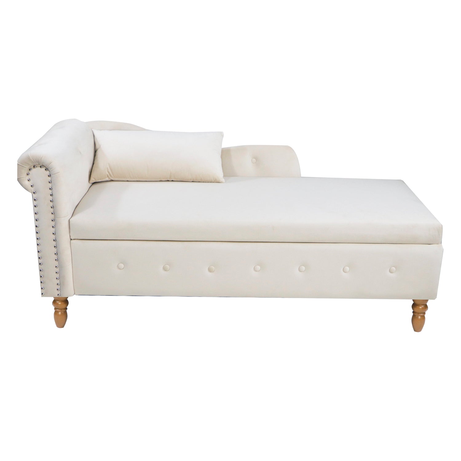 Beige Chaise Lounge Indoor Velvet Lounge Chair for Bedroom with Storage &amp; Pillow Modern Upholstered Rolled Arm Chase Lounge
