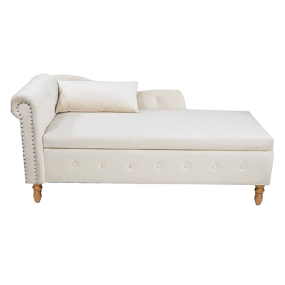 Beige Chaise Lounge Indoor Velvet Lounge Chair for Bedroom with Storage &amp; Pillow Modern Upholstered Rolled Arm Chase Lounge