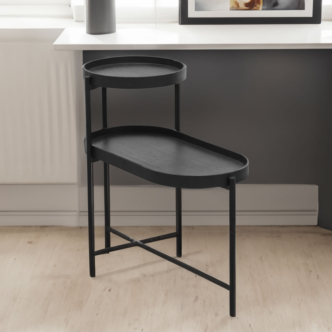 2-Tier Black Side Table with Storage Sofa Table for Living Room Metal Frame &amp; Wooden Desk End Table
