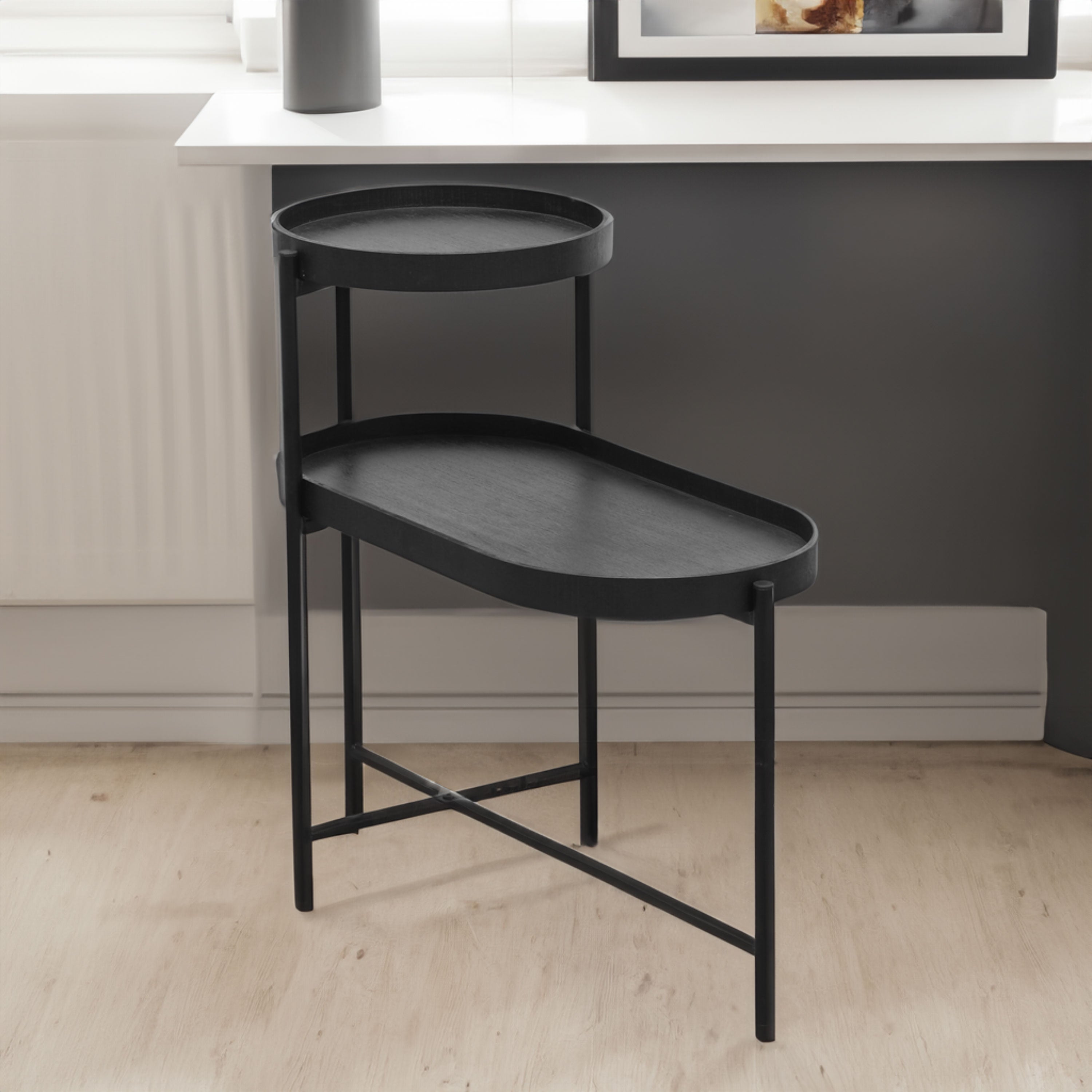 2-Tier Black Side Table with Storage Sofa Table for Living Room Metal Frame &amp; Wooden Desk End Table