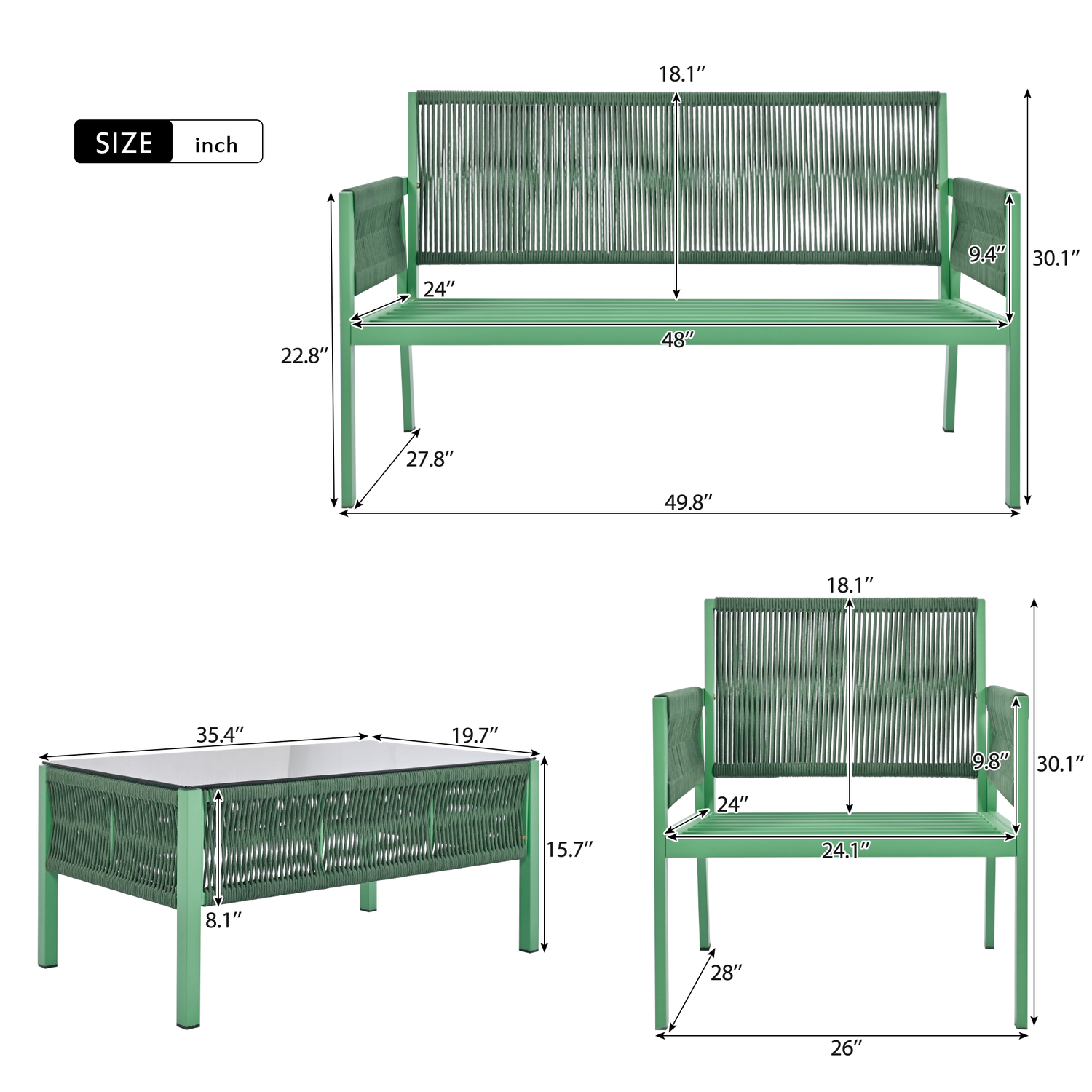 Outdoor Furniture with Tempered Glass Table,  Set Deep Seating with Thick Cushion  (Fluorescent Yellow &amp; Green)