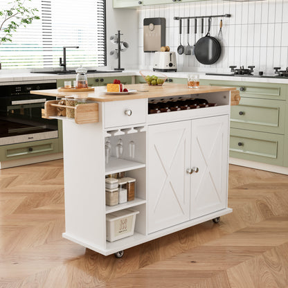44 Inch Kitchen Island Cart with Solid Wood Top, Wine Storage, Spice Rack, Towel Rack, Wine Glass Holder White &amp; Oak