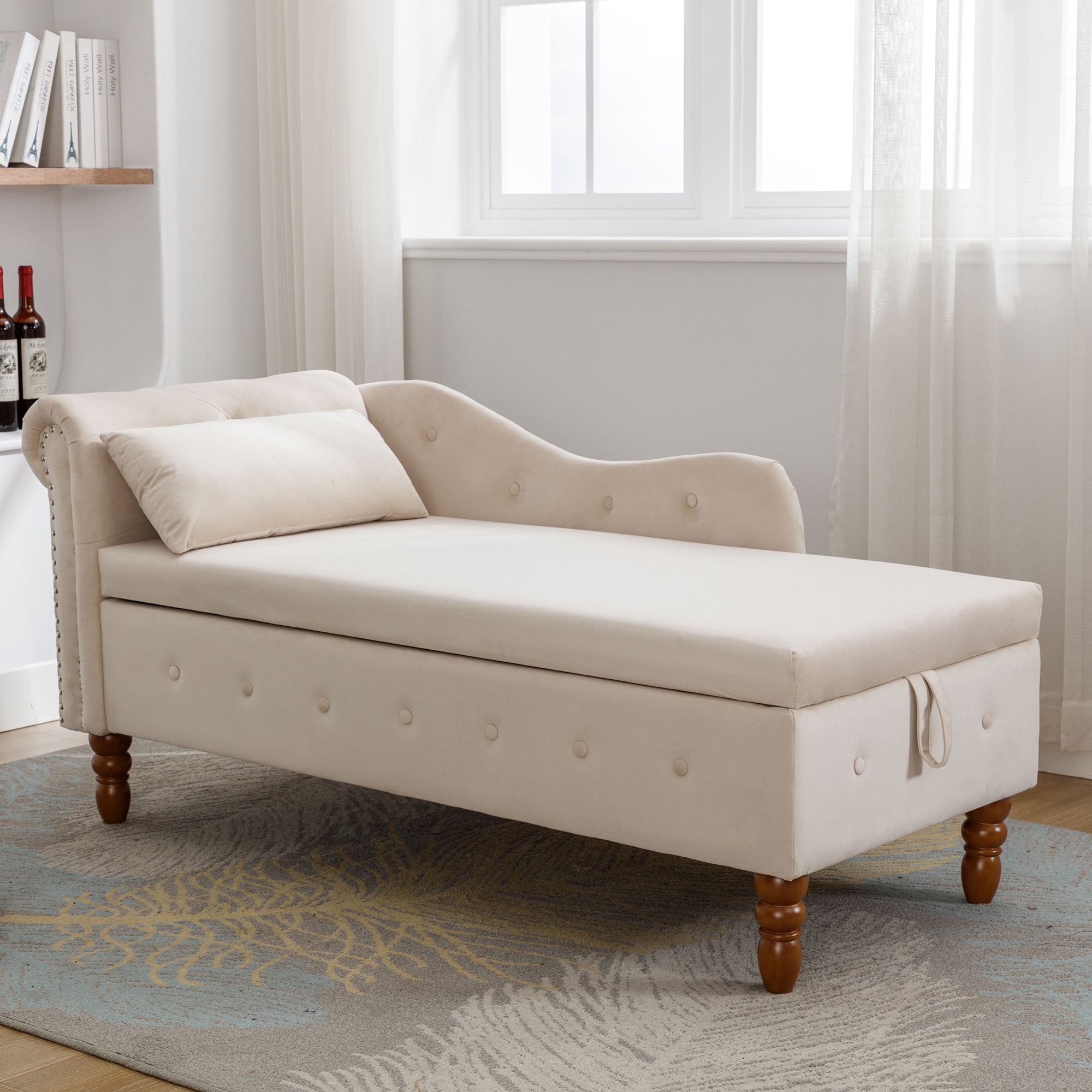 Beige Chaise Lounge Indoor Velvet Lounge Chair for Bedroom with Storage &amp; Pillow Modern Upholstered Rolled Arm Chase Lounge