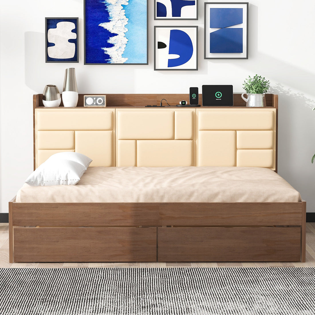 Full Size Wood Daybed with Upholstered Storage Shelves  USB Ports and 2 Drawers Wood Color