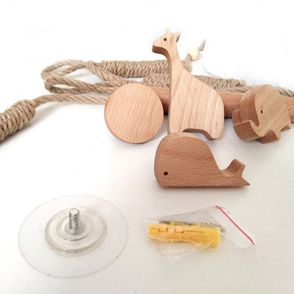 Nordic Indoor Wooden Solid Wood Hemp Rope Animal Tissue Holder Children&
