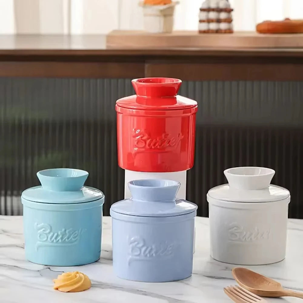 Ceramic yellow oil tank relief red butter storage tank cheese butter dish with lid set