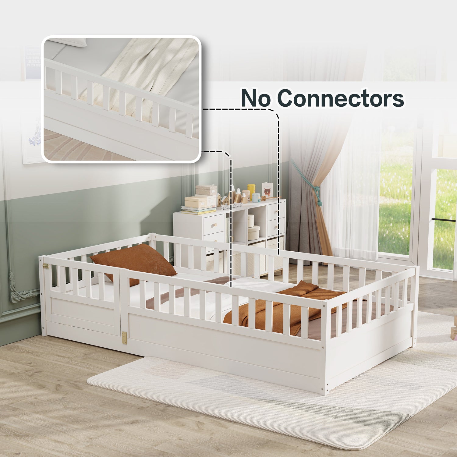 Double bed floor standing bed with ultra-high safety barrier, children&