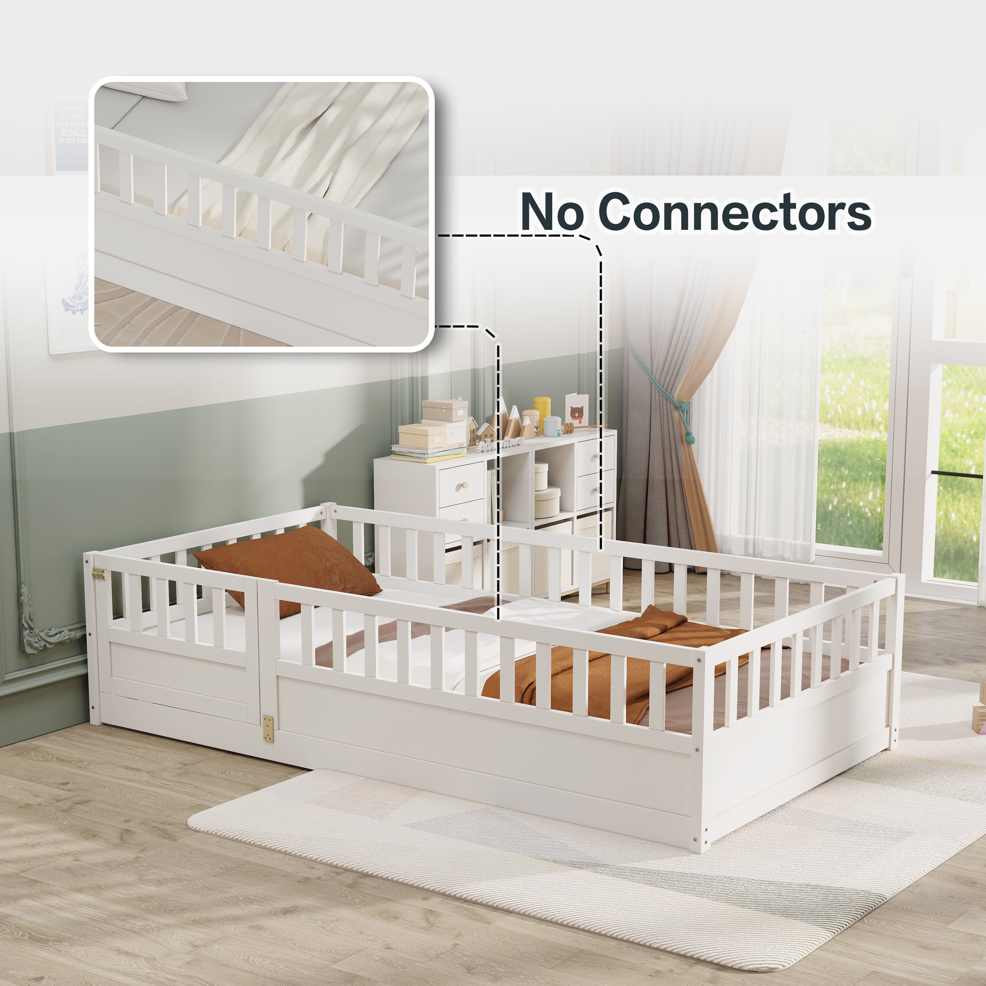 Double bed floor standing bed with ultra-high safety barrier, children&