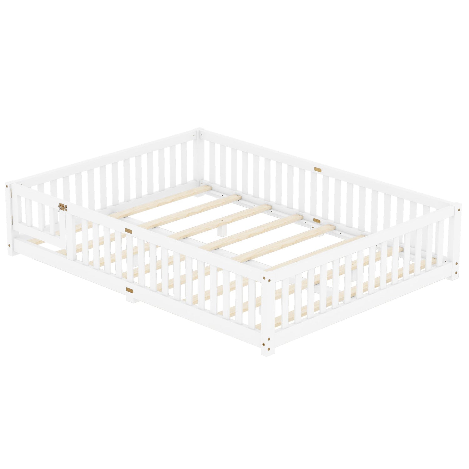 Queen Size Bed Floor Bed with Safety Guardrails and Door for Kids, White