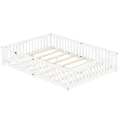 Queen Size Bed Floor Bed with Safety Guardrails and Door for Kids, White