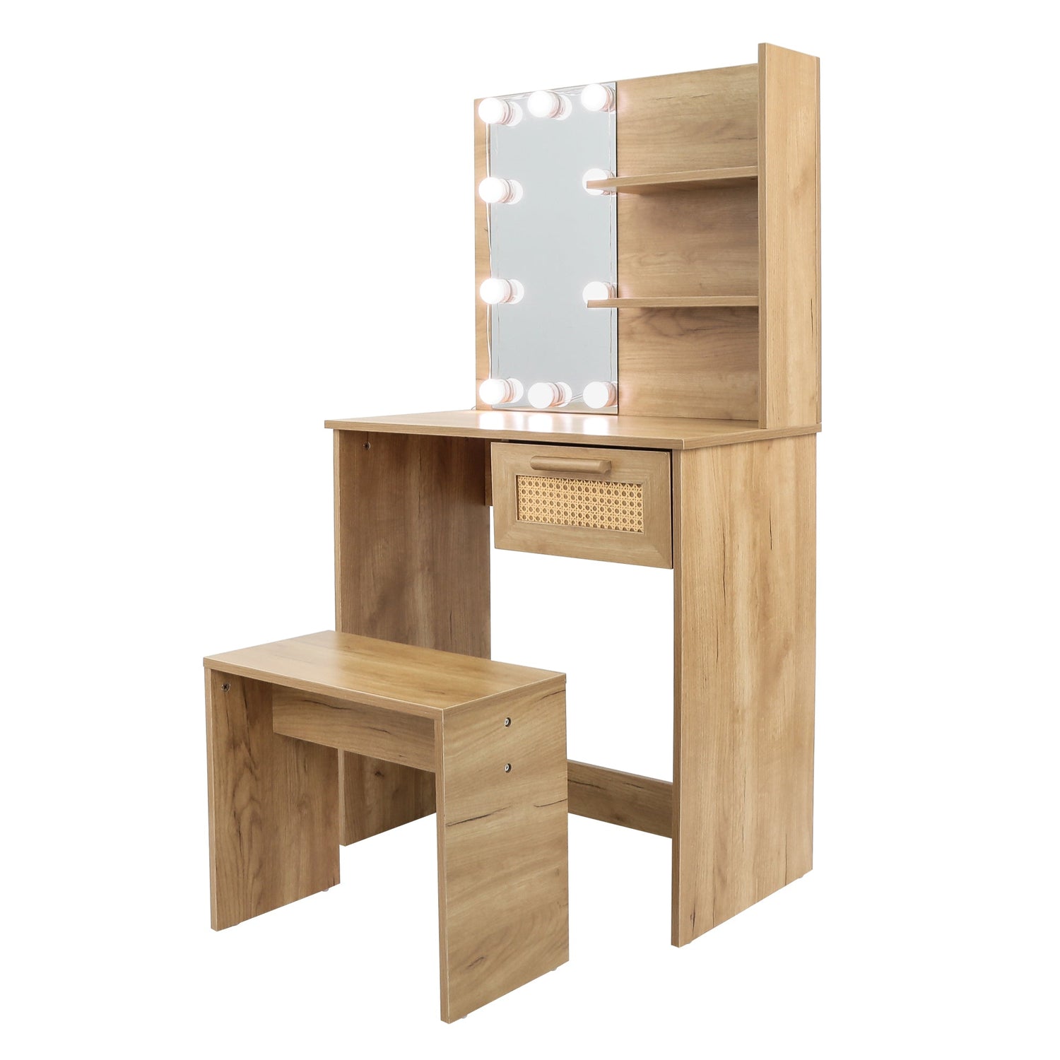 Vanity Desk Set Stool &amp; Dressing Table with LED Lighting Mirror Drawer and Wood Cosmetic Table Chest of Drawers Nature Color