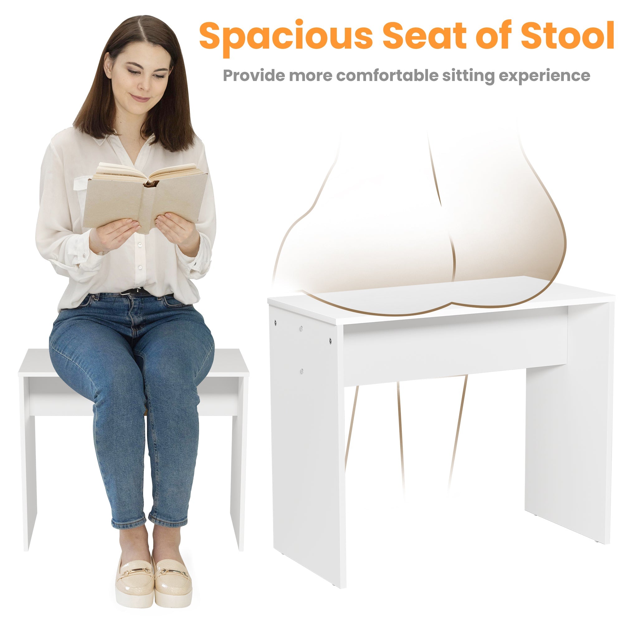 Vanity Desk Set Stool &amp; Dressing Table with LED Lighting Mirror Drawer and Wood Cosmetic Table Chest of Drawers White Color