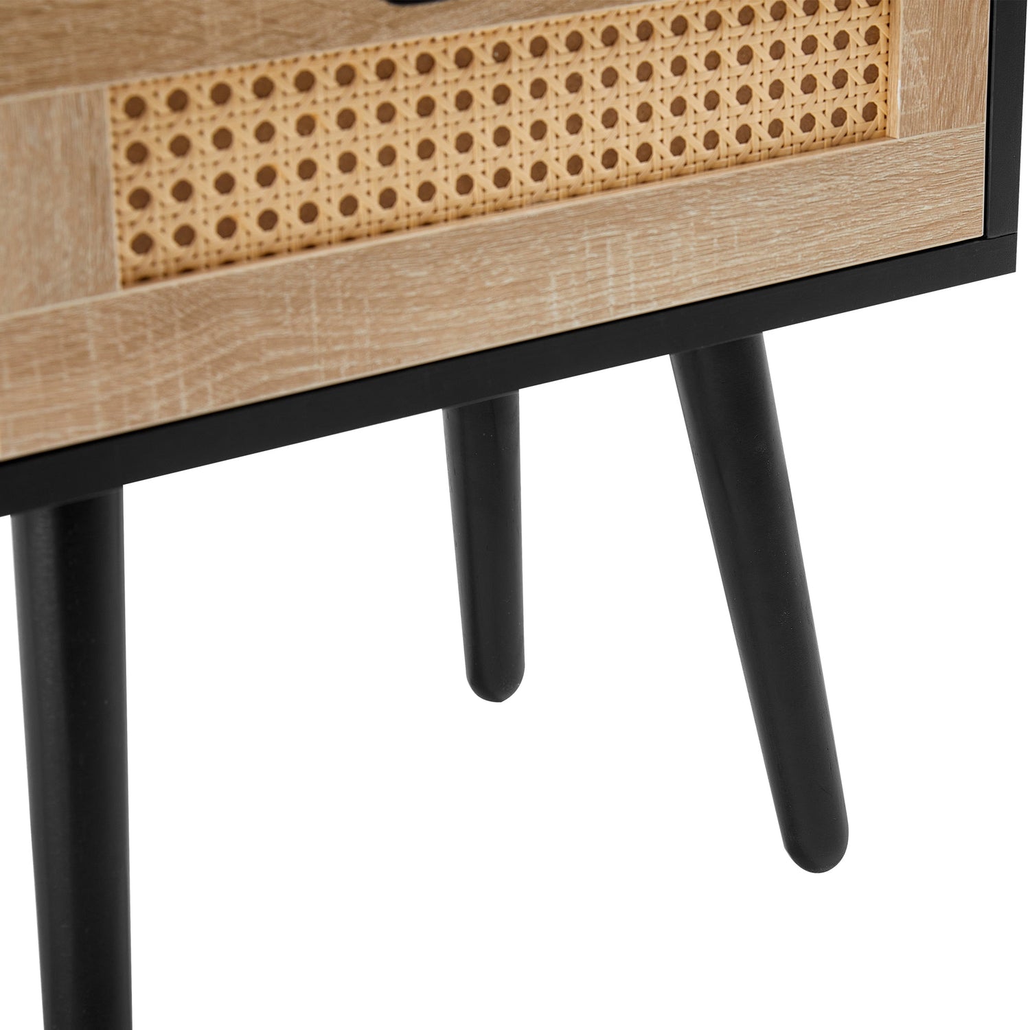 15.75" Rattan End table with drawer and solid wood legs Modern nightstand side table for living room black