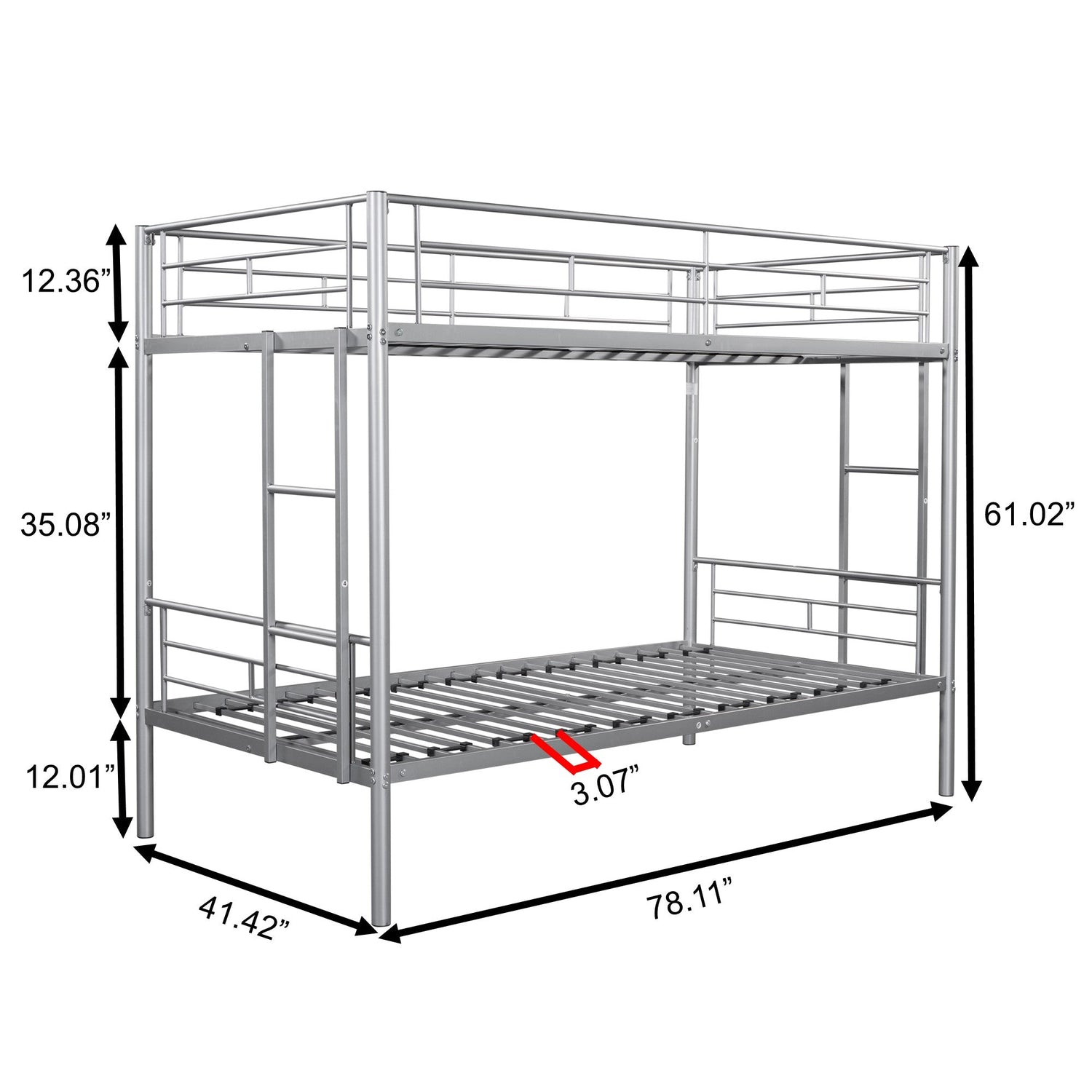 Metal bunk bed/sturdy/noise reduction/2 side ladders/safety guardrails/CPC certification/no spring box required (Silver)