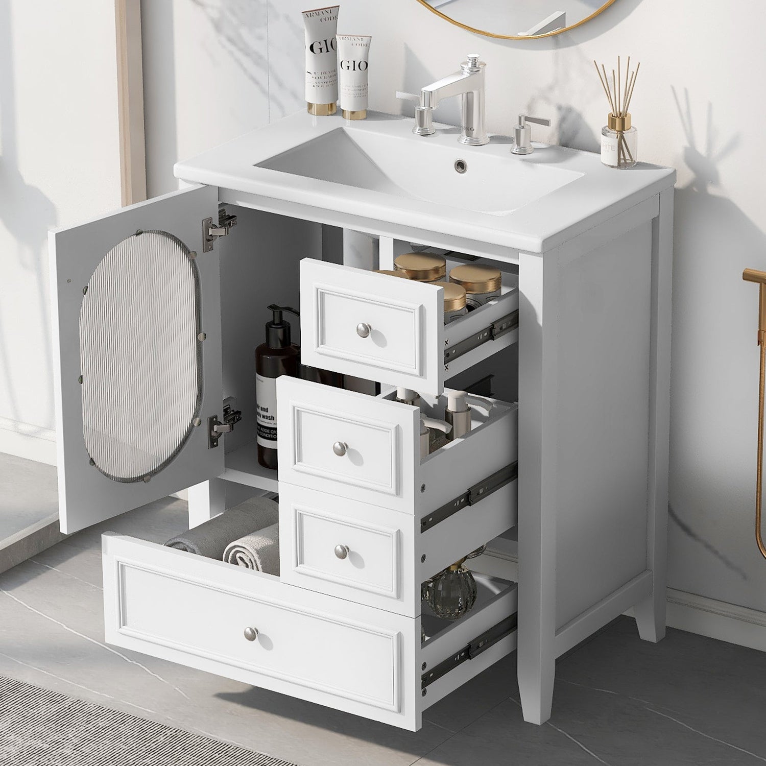 30" Bathroom Vanity with Sink, Bathroom Vanity Cabinet with Three Drawers and Door, Solid Wood and MDF, White