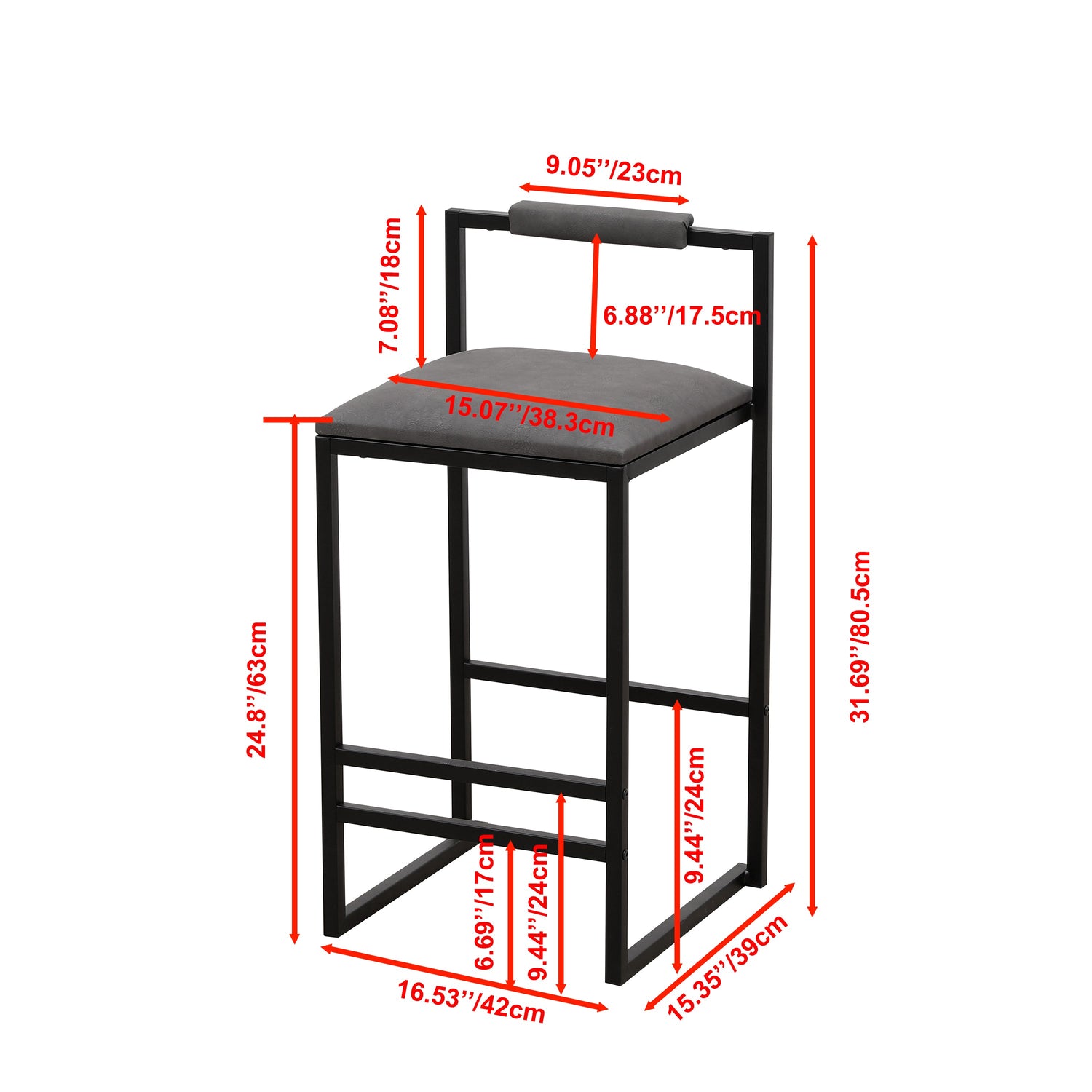 Set of 2 Counter Height Barstools Kitchen Island Stools (Gray with Back)