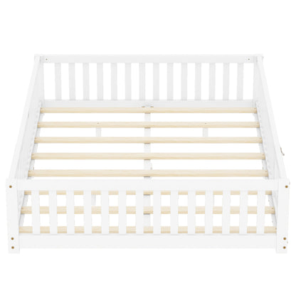 Queen Size Bed Floor Bed with Safety Guardrails and Door for Kids, White