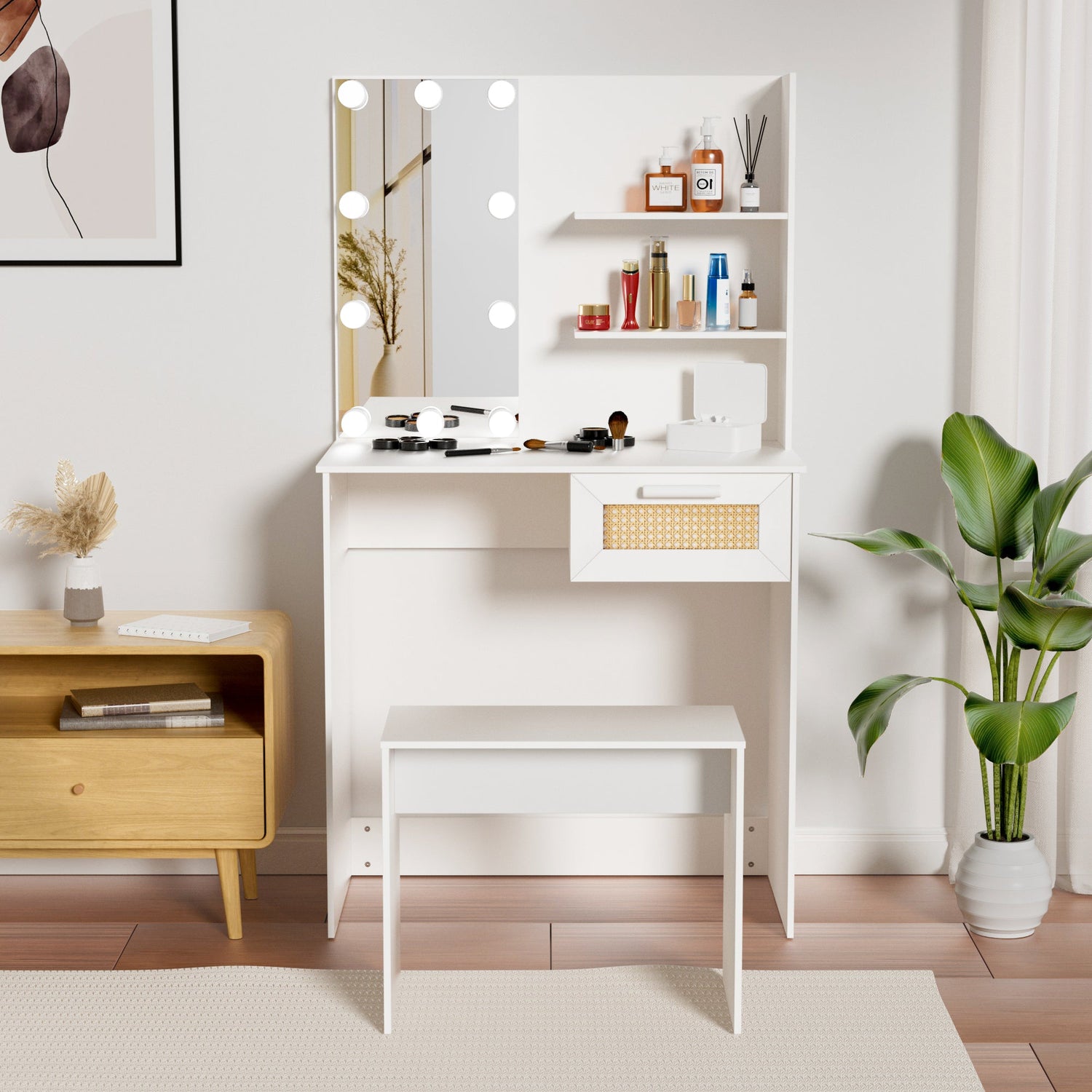 Vanity Desk Set Stool &amp; Dressing Table with LED Lighting Mirror Drawer and Wood Cosmetic Table Chest of Drawers White Color
