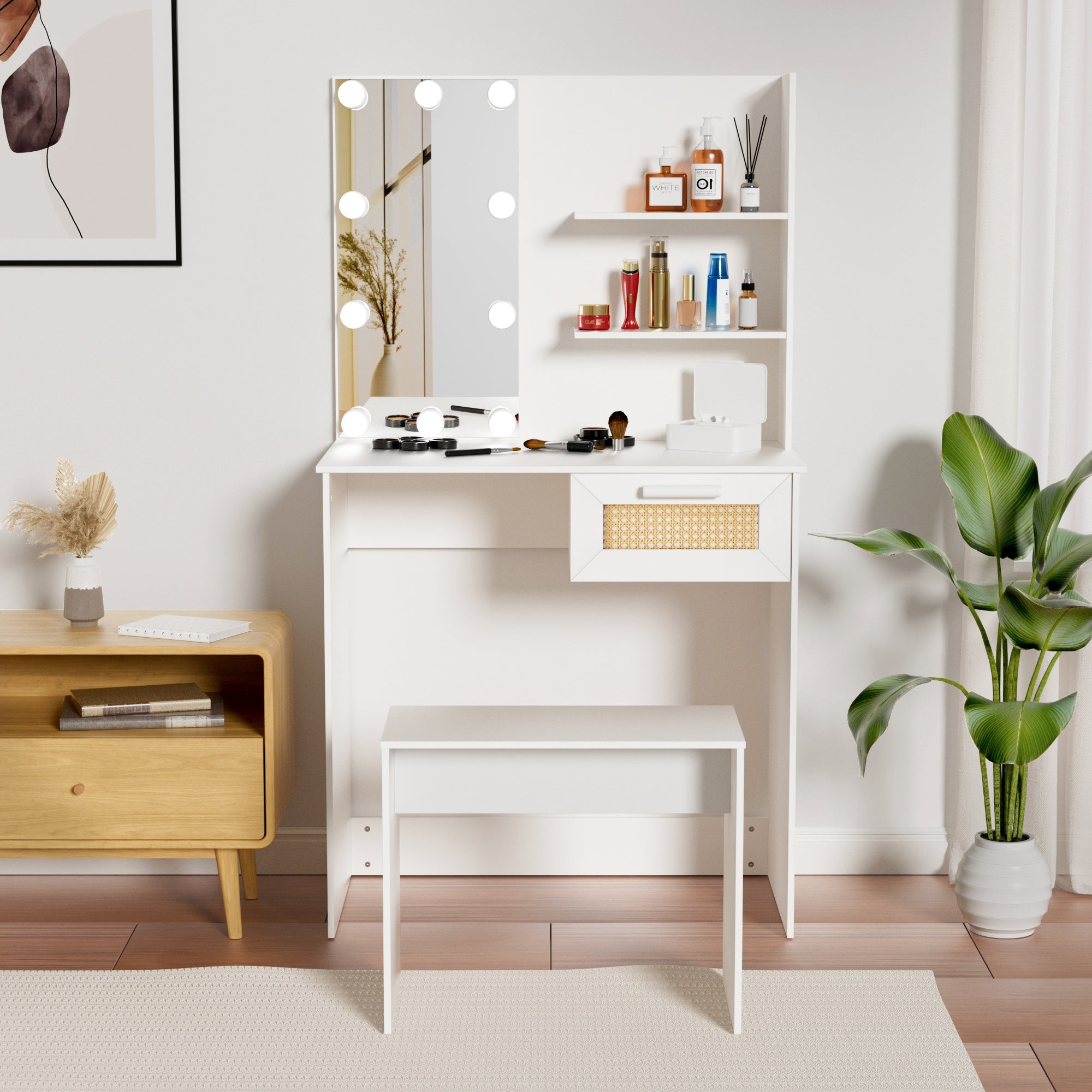 Vanity Desk Set Stool &amp; Dressing Table with LED Lighting Mirror Drawer and Wood Cosmetic Table Chest of Drawers White Color
