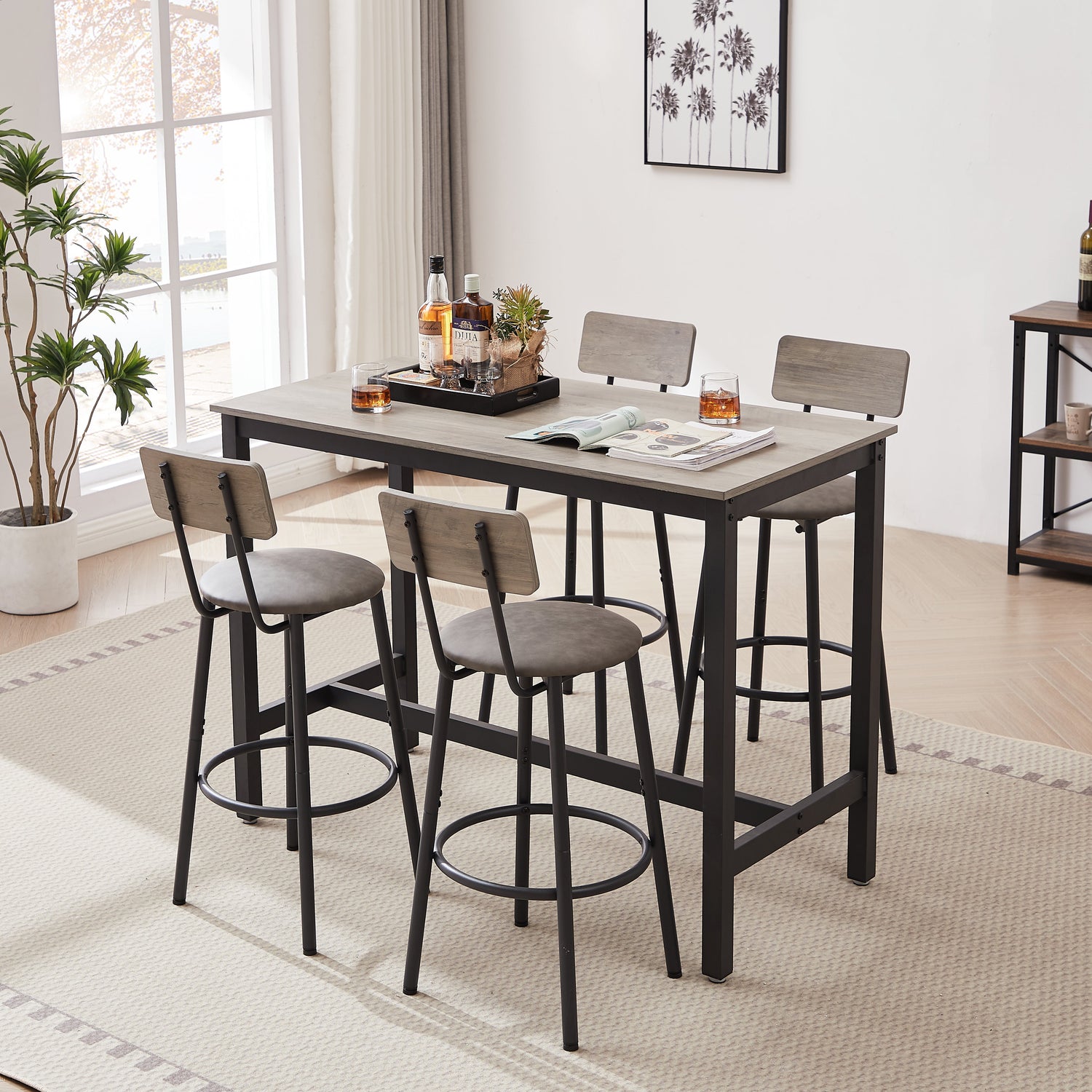 Bar Table Set with 4 Bar stools PU Soft seat with backrest Grey 47.24&