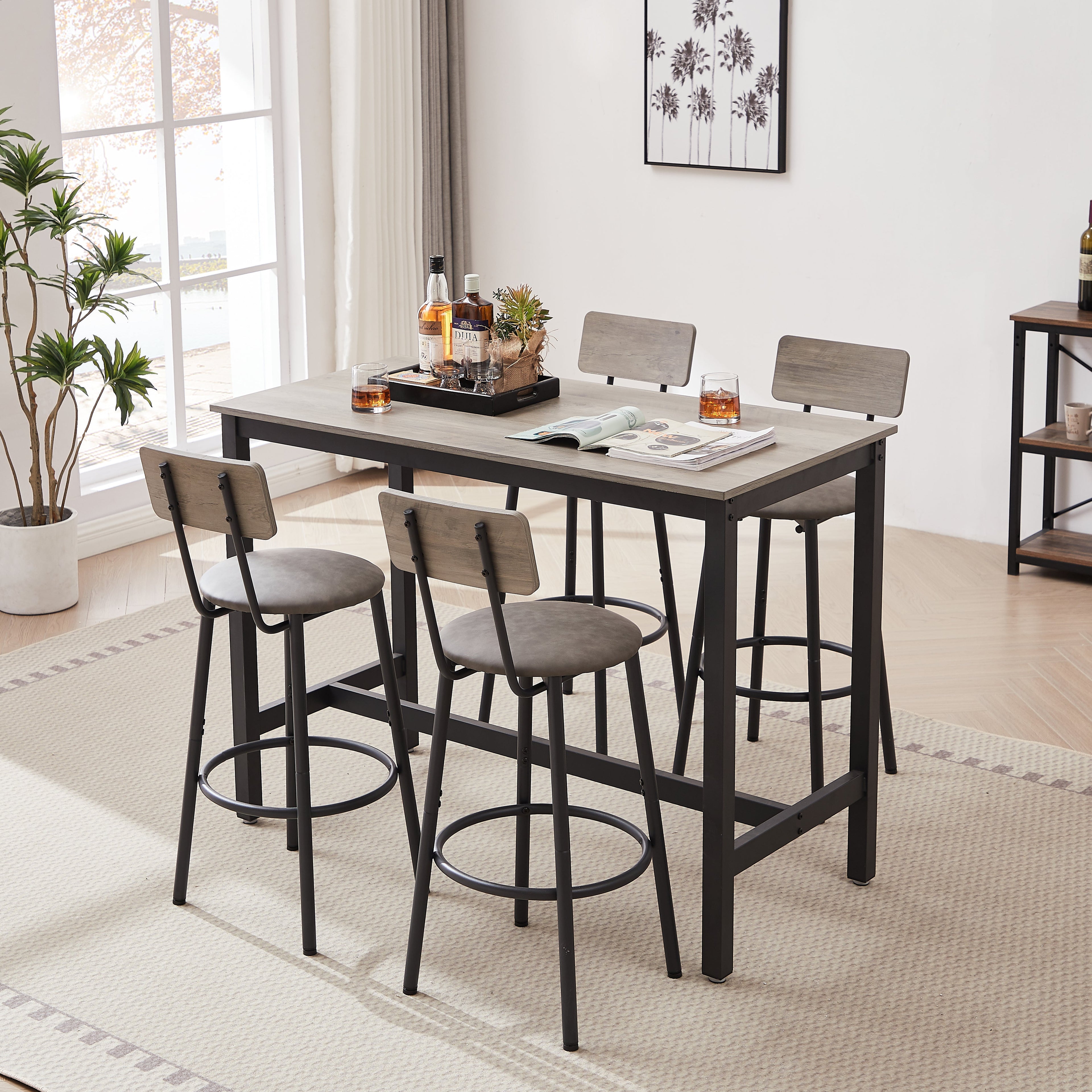 Bar Table Set with 4 Bar stools PU Soft seat with backrest Grey 47.24&