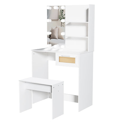 Vanity Desk Set Stool &amp; Dressing Table with LED Lighting Mirror Drawer and Wood Cosmetic Table Chest of Drawers White Color