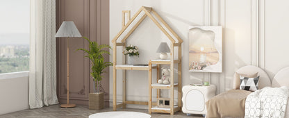 House-shaped Wooden writing Desk Kids study Table Bookshelf &amp; Toy Storage Natural