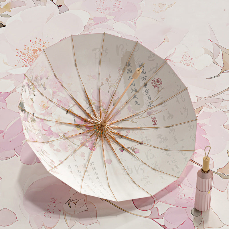 16-rib color rubber &amp; gold aluminum alloy frame: new Chinese retro folding umbrella with sun protection and UV resistance.