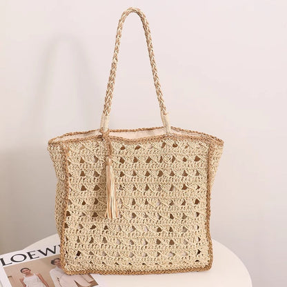 Square tassel single shoulder grass woven bag small fresh hollow handmade grass woven bag women&