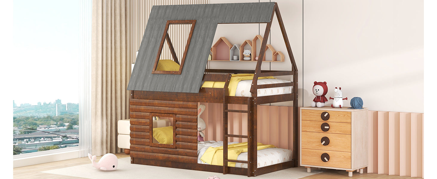 Wood Twin Size House Bunk Bed with Roof, Ladder and 2 Windows, Oak &amp; Smoky Grey