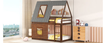 Wood Twin Size House Bunk Bed with Roof, Ladder and 2 Windows, Oak &amp; Smoky Grey