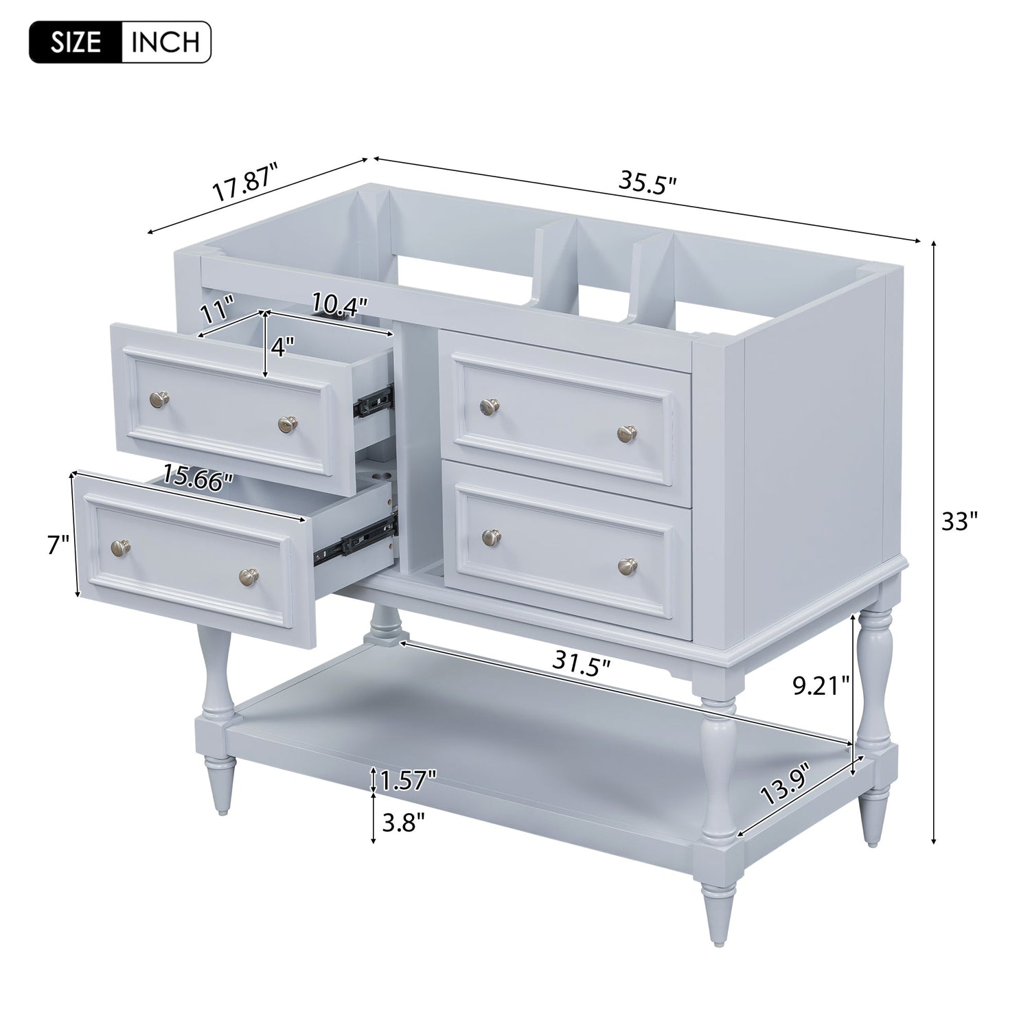 36" Bathroom Vanity Cabinet without Sink Standing Vanity Set with 4 Drawers&amp; Soft Closing Doors Blue (NOT INCLUDE BASIN SINK)