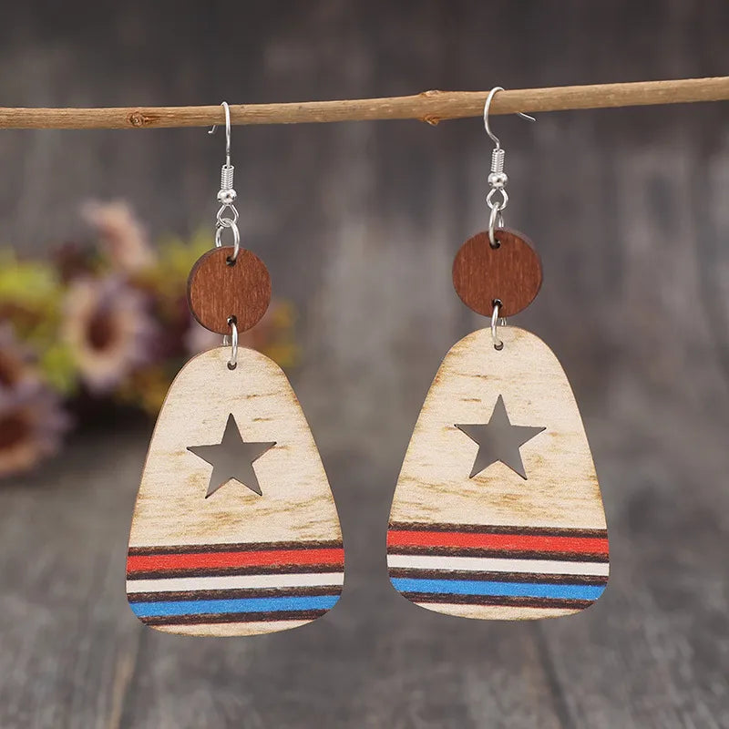Cutout Star &amp; Stripes Wooden Dangle Earrings