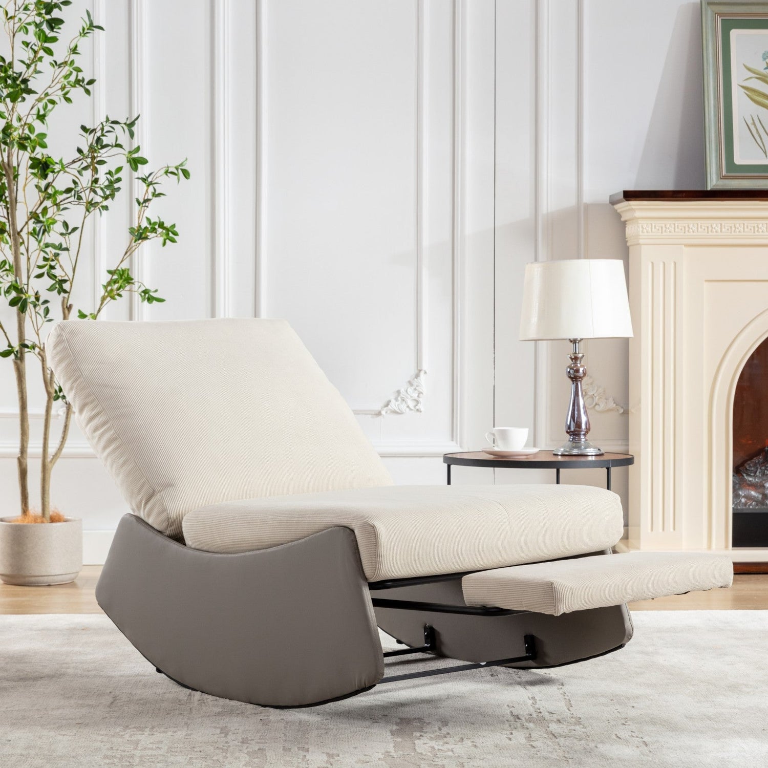 Modern rocking chair recliner, comfortable cushioned recliner with footstool, gray