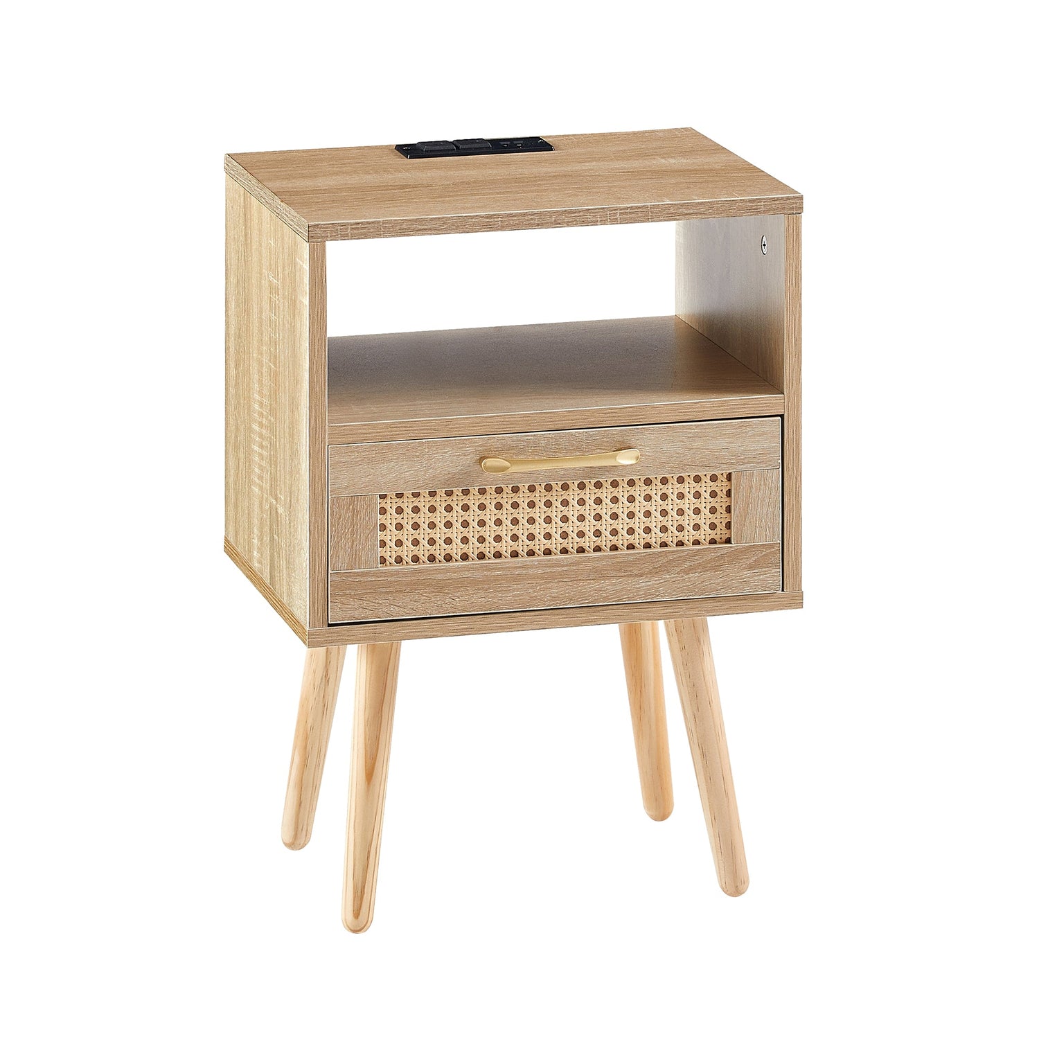 15.75" Rattan End table with Power Outlet &amp; USB Ports  Modern nightstand with drawer and solid wood legs
