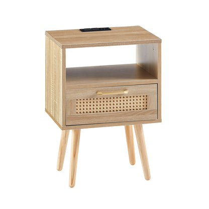 15.75" Rattan End table with Power Outlet &amp; USB Ports  Modern nightstand with drawer and solid wood legs