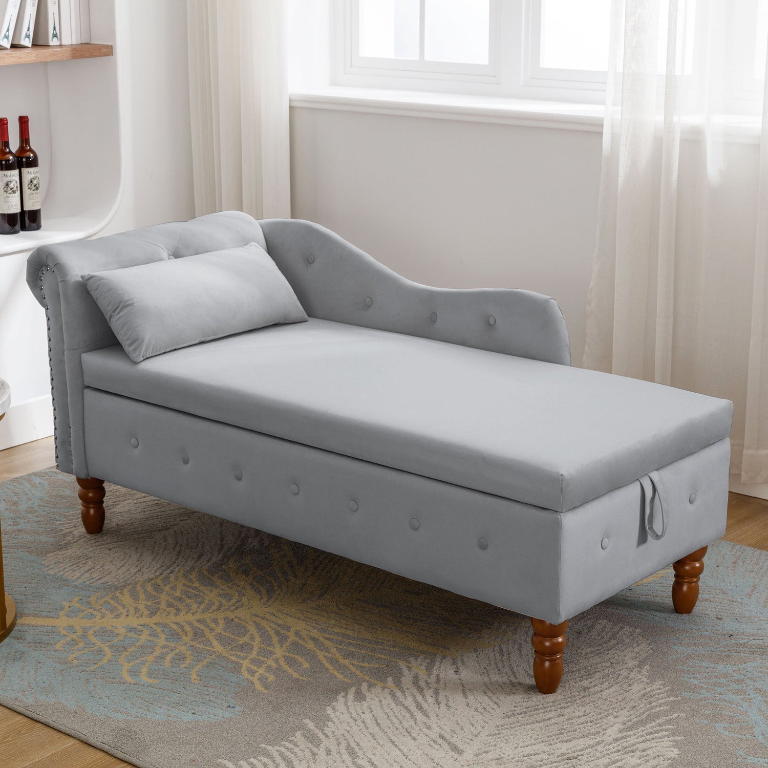 Grey Chaise Lounge Indoor Velvet Lounge Chair for Bedroom with Storage &amp; Pillow Modern Upholstered Rolled Arm Chase Lounge