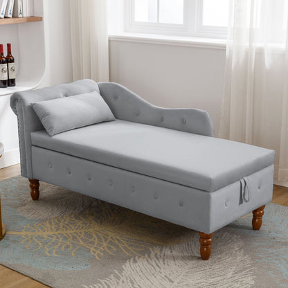 Grey Chaise Lounge Indoor Velvet Lounge Chair for Bedroom with Storage &amp; Pillow Modern Upholstered Rolled Arm Chase Lounge