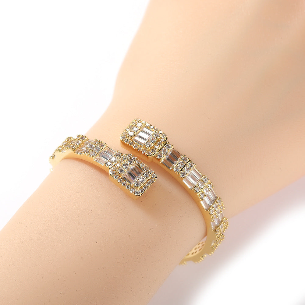 Fashionable Opening Bracelet Ins Style Diamond Set Interwoven Two Color Bracelet Personalized Hip Hop Men&