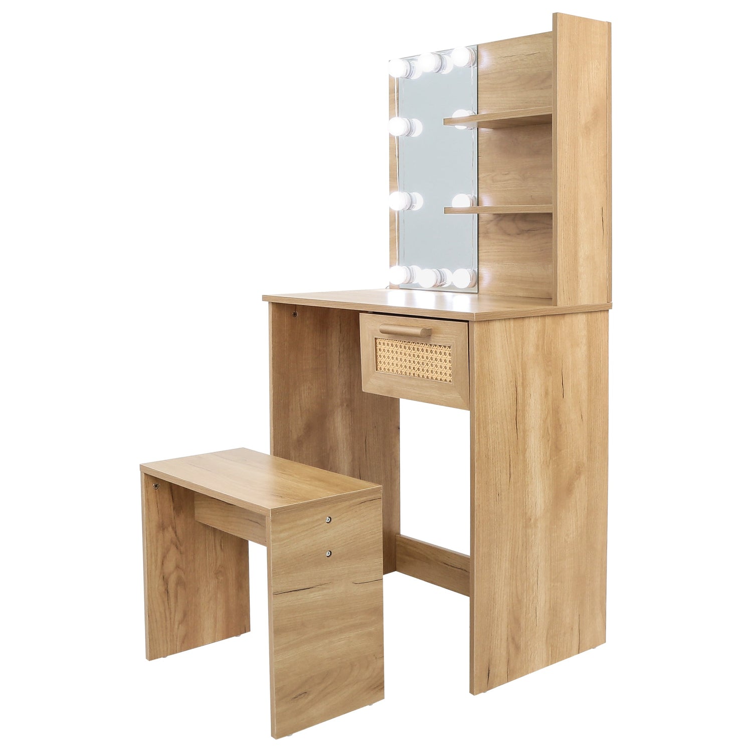 Vanity Desk Set Stool &amp; Dressing Table with LED Lighting Mirror Drawer and Wood Cosmetic Table Chest of Drawers Nature Color