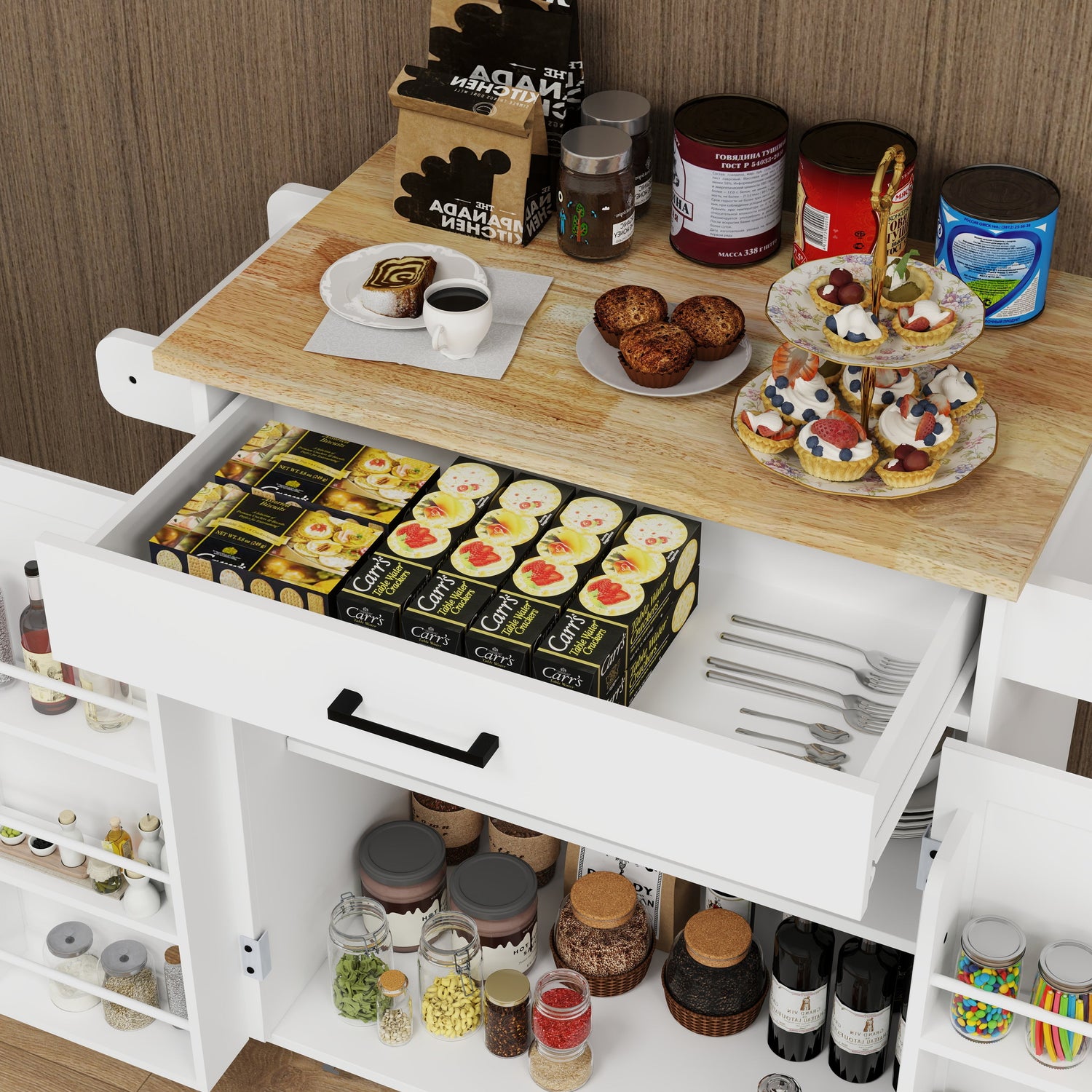 Kitchen island rolling trolley cart with 1 drawer &amp; 2 doors with storage racks &amp; Adjustable Shelves &amp; towel rack