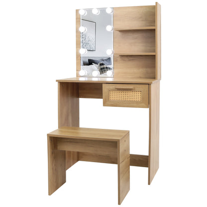 Vanity Desk Set Stool &amp; Dressing Table with LED Lighting Mirror Drawer and Wood Cosmetic Table Chest of Drawers Nature Color