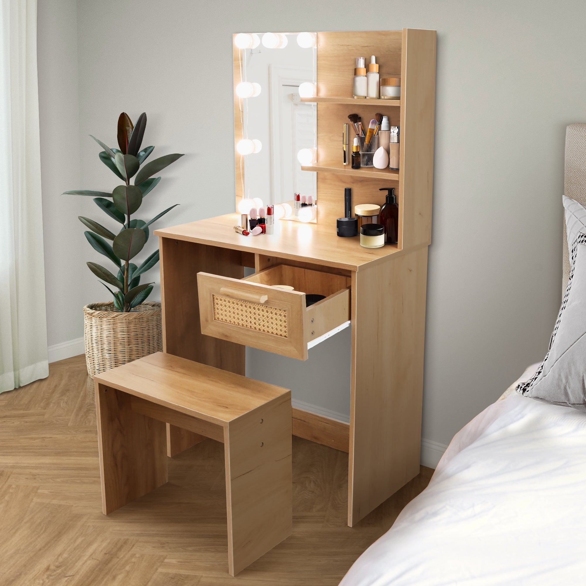 Vanity Desk Set Stool &amp; Dressing Table with LED Lighting Mirror Drawer and Wood Cosmetic Table Chest of Drawers Nature Color