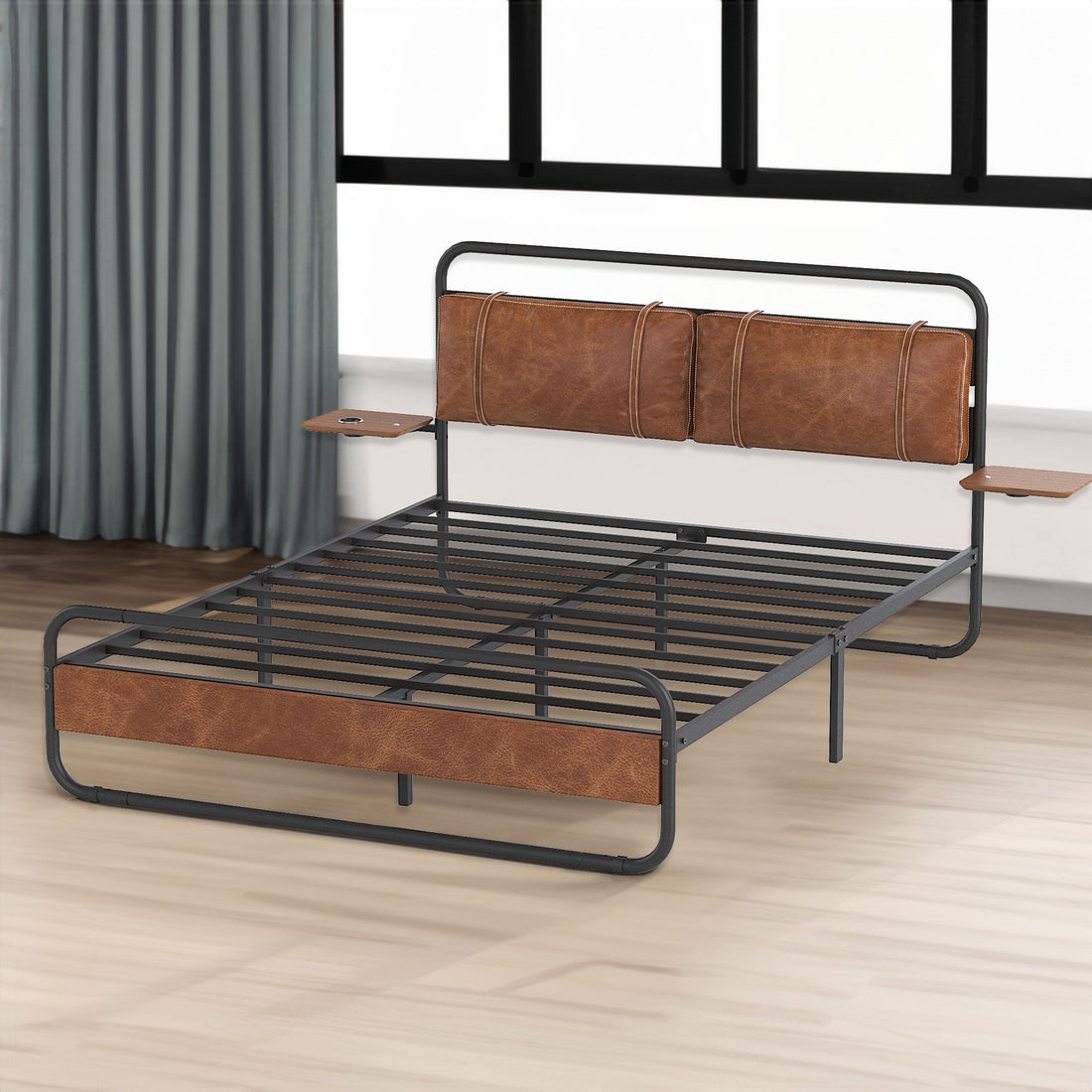 King Size Metal Bed Frame with Upholstered Headboard, with wireless charging and USB A &amp; USB C, Touch LED light Vintage Brown