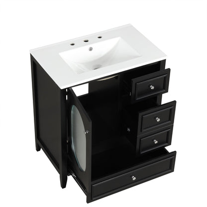 30" Bathroom Vanity with Sink, Bathroom Vanity Cabinet with Three Drawers and Door, Solid Wood and MDF, Black